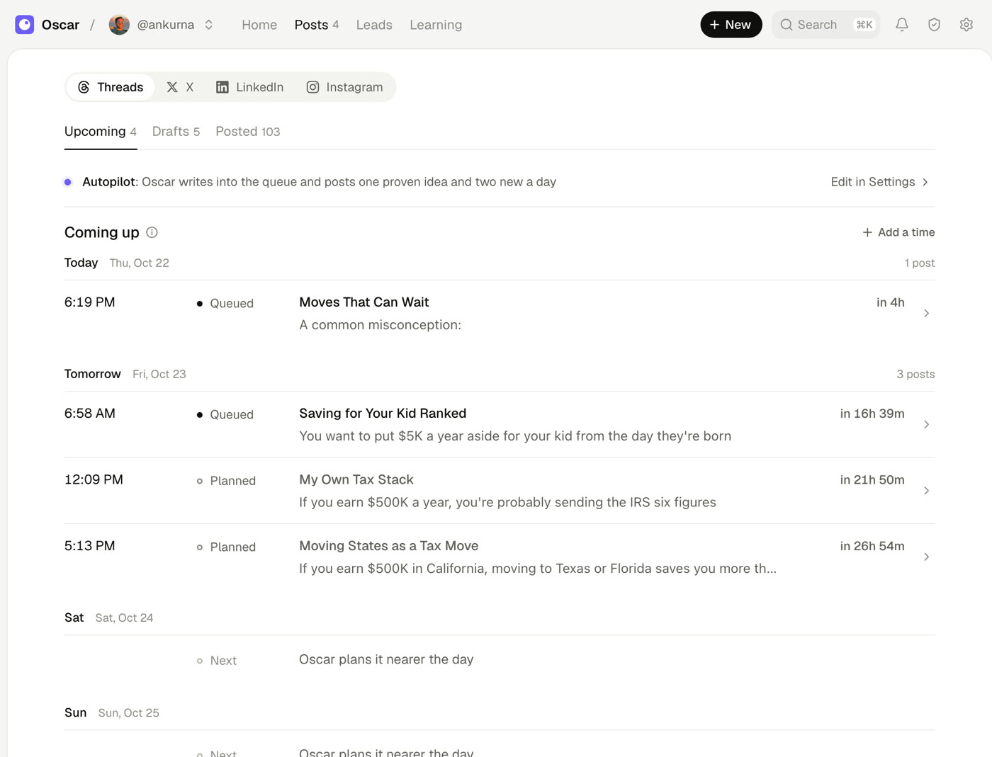Posts: the posts coming up on Threads, queued and planned