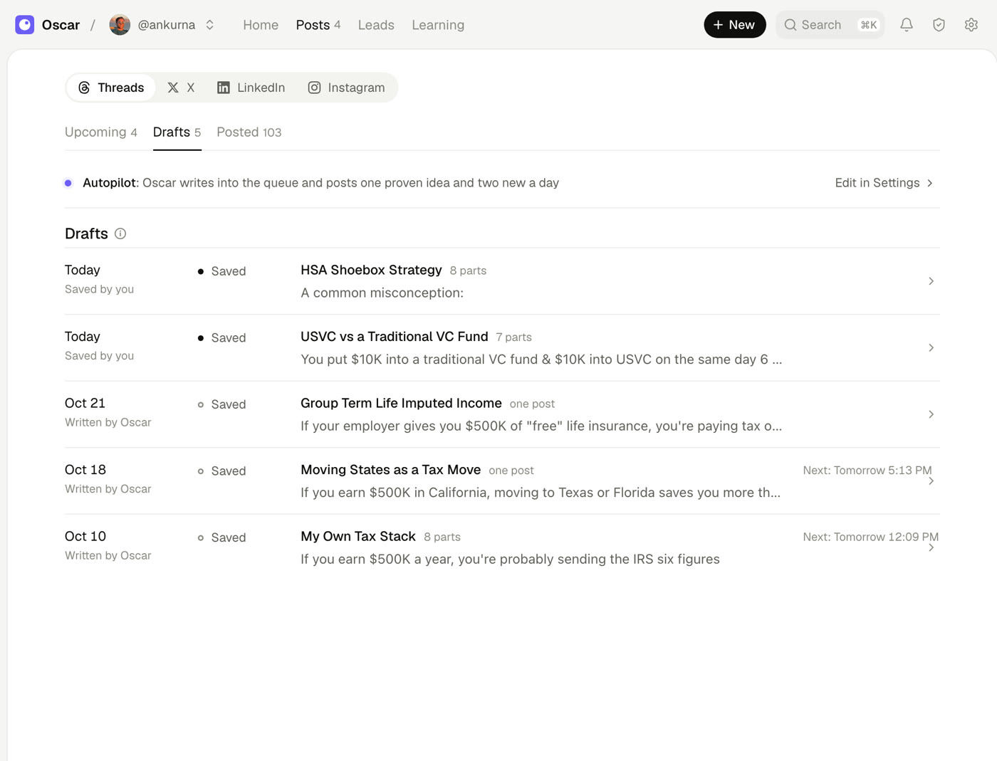 Drafts: posts Oscar wrote ahead, ready to add to a time
