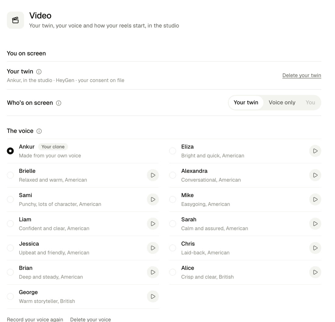 Settings → Video: your twin, who's on screen, and the voice: your clone or one of twelve studio voices